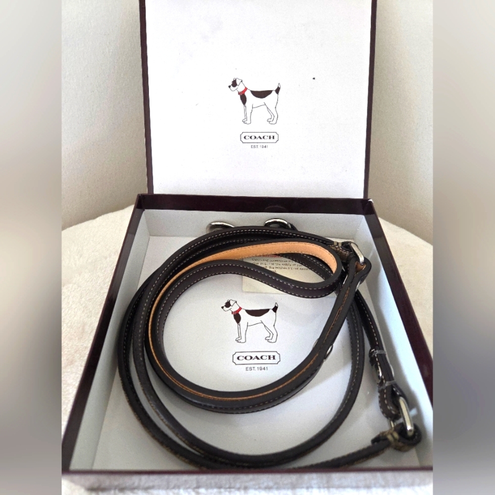 COACH Signature Miniature Logo Brown & Tan Genuine Leather Dog Leash EUC